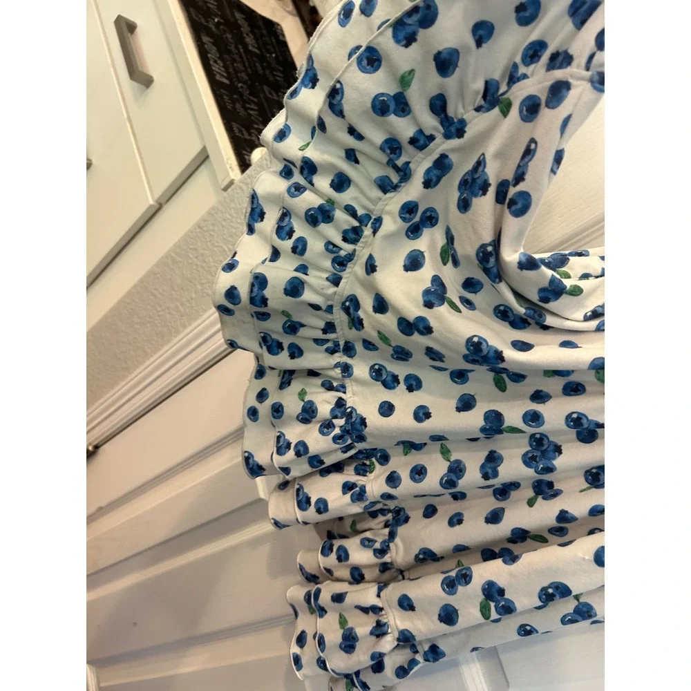 Boutique Blueberry Print Sundress White Blue Tie Shoulder Ruffle Hem Dress Bin A